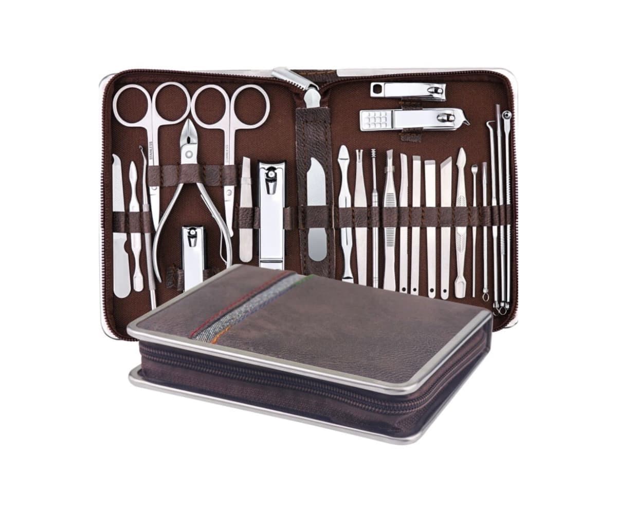 Kit manucure pédicure, 26 pièces, acier inoxydable, marron